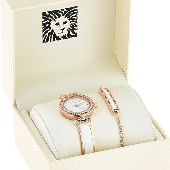 ANNE KLEIN Women's Quartz Rose Gold Premium Crystal Accented Watch Bracelet SET - Picture 2 of 12